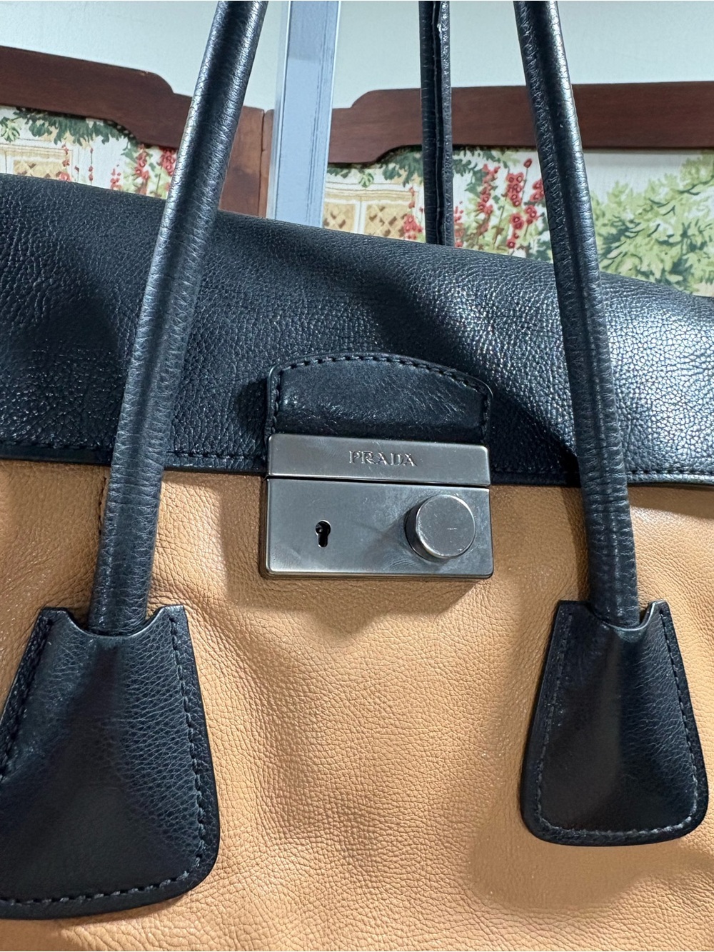Prada Glance Pomice Two-Tone Tan and Black Leather Satchel - Picture 9 of 16